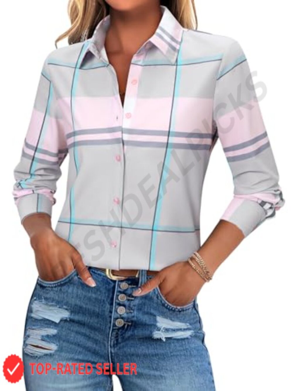 Women's Striped Button Down Shirt Long Sleeve Cotton Blend V-Neck